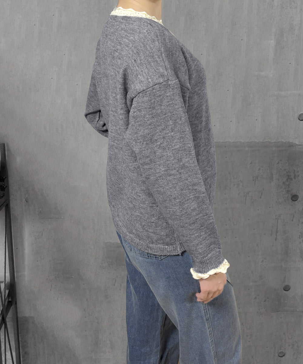 配色ニットプルオーバーラウンドネック秋服
