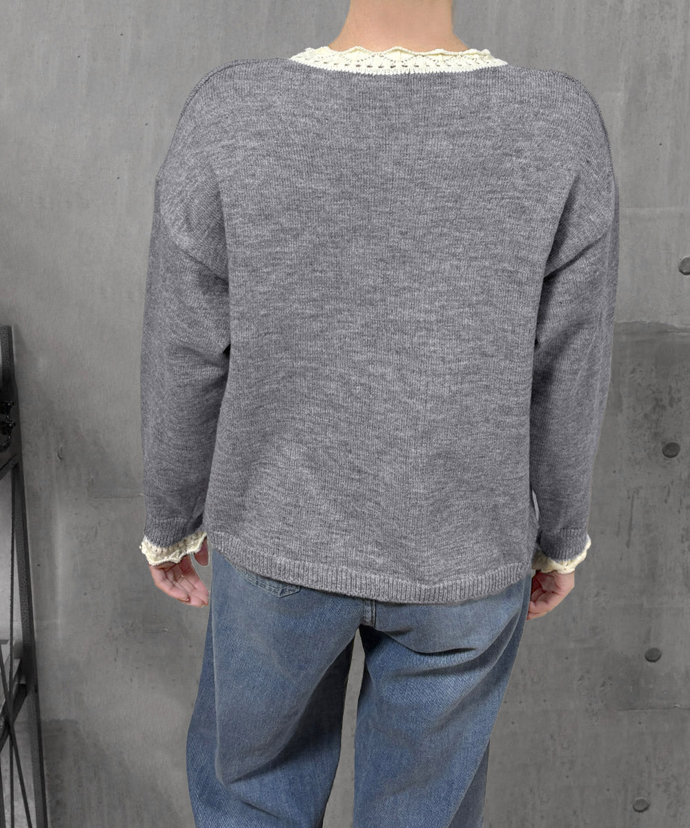 配色ニットプルオーバーラウンドネック秋服