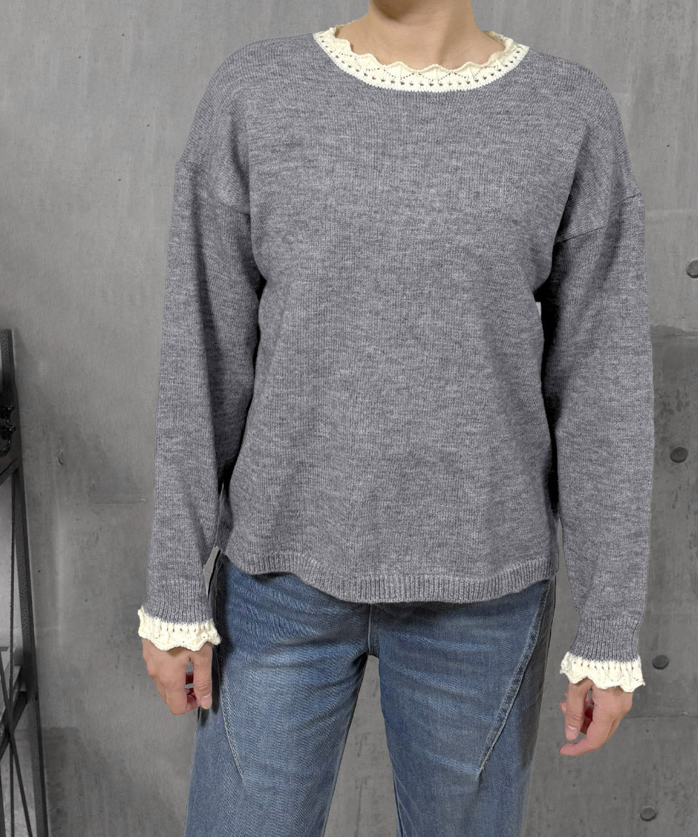 配色ニットプルオーバーラウンドネック秋服