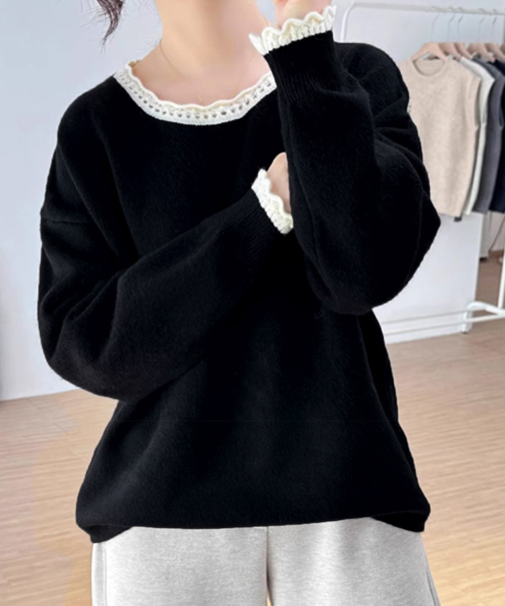 配色ニットプルオーバーラウンドネック秋服