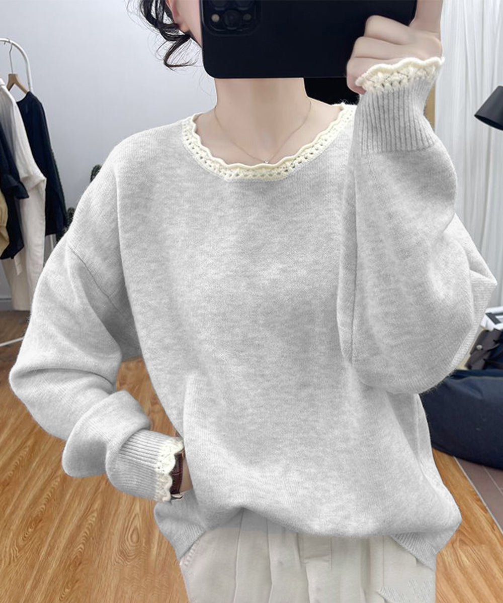 配色ニットプルオーバーラウンドネック秋服