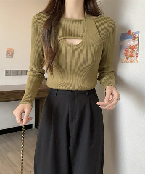 ニットトップス ホルターネックリブニット カットアウト タイトニット オフィスカジュアル ニットウエア フロントオープン おしゃれニットソー セクシープルオーバー 24TPS-069