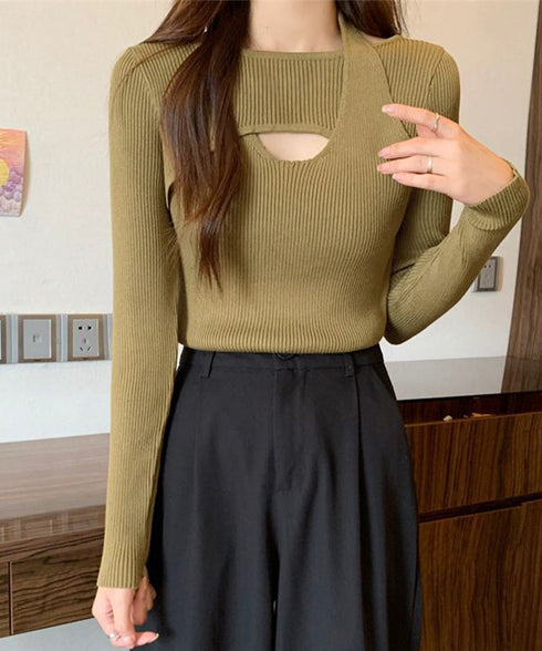 ニットトップス ホルターネックリブニット カットアウト タイトニット オフィスカジュアル ニットウエア フロントオープン おしゃれニットソー セクシープルオーバー 24TPS-069