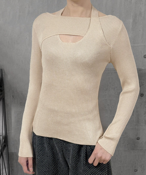 ニットトップス ホルターネックリブニット カットアウト タイトニット オフィスカジュアル ニットウエア フロントオープン おしゃれニットソー セクシープルオーバー 24TPS-069