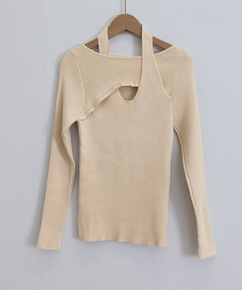 ニットトップス ホルターネックリブニット カットアウト タイトニット オフィスカジュアル ニットウエア フロントオープン おしゃれニットソー セクシープルオーバー 24TPS-069