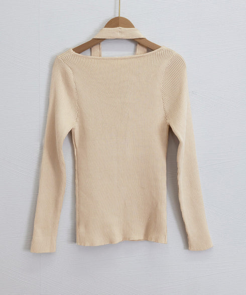 ニットトップス ホルターネックリブニット カットアウト タイトニット オフィスカジュアル ニットウエア フロントオープン おしゃれニットソー セクシープルオーバー 24TPS-069