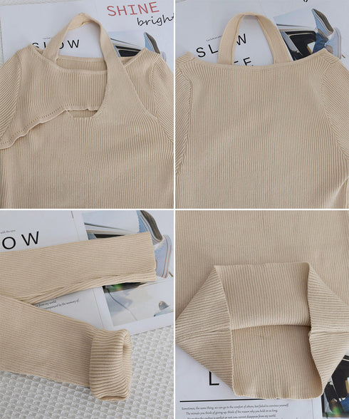 ニットトップス ホルターネックリブニット カットアウト タイトニット オフィスカジュアル ニットウエア フロントオープン おしゃれニットソー セクシープルオーバー 24TPS-069