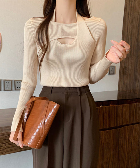 ニットトップス ホルターネックリブニット カットアウト タイトニット オフィスカジュアル ニットウエア フロントオープン おしゃれニットソー セクシープルオーバー 24TPS-069