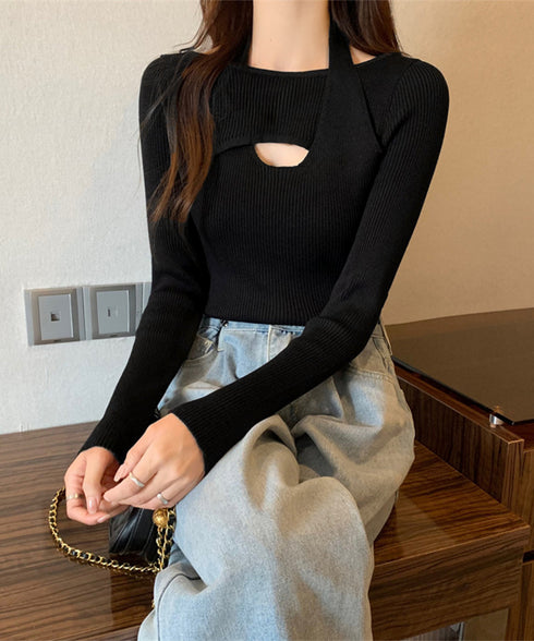 ニットトップス ホルターネックリブニット カットアウト タイトニット オフィスカジュアル ニットウエア フロントオープン おしゃれニットソー セクシープルオーバー 24TPS-069