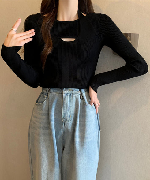 ニットトップス ホルターネックリブニット カットアウト タイトニット オフィスカジュアル ニットウエア フロントオープン おしゃれニットソー セクシープルオーバー 24TPS-069