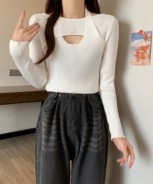 ニットトップス ホルターネックリブニット カットアウト タイトニット オフィスカジュアル ニットウエア フロントオープン おしゃれニットソー セクシープルオーバー 24TPS-069