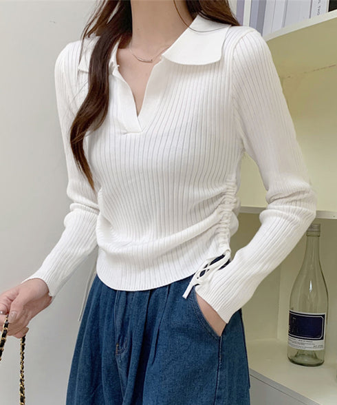 ポロニットドローストリングリブニット薄手 レディース Vネック タイトニットトップス ショート丈 ニットウェア きれいめ ニットインナー カジュアル トップス春秋 24TPS-070
