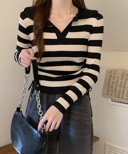 ポロニットドローストリングリブニット薄手 レディース Vネック タイトニットトップス ショート丈 ニットウェア きれいめ ニットインナー カジュアル トップス春秋 24TPS-070