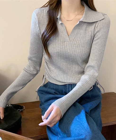 ポロニットドローストリングリブニット薄手 レディース Vネック タイトニットトップス ショート丈 ニットウェア きれいめ ニットインナー カジュアル トップス春秋 24TPS-070