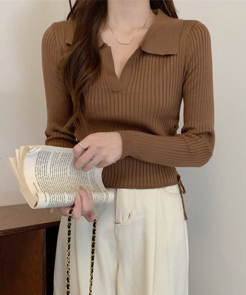 ポロニットドローストリングリブニット薄手 レディース Vネック タイトニットトップス ショート丈 ニットウェア きれいめ ニットインナー カジュアル トップス春秋 24TPS-070