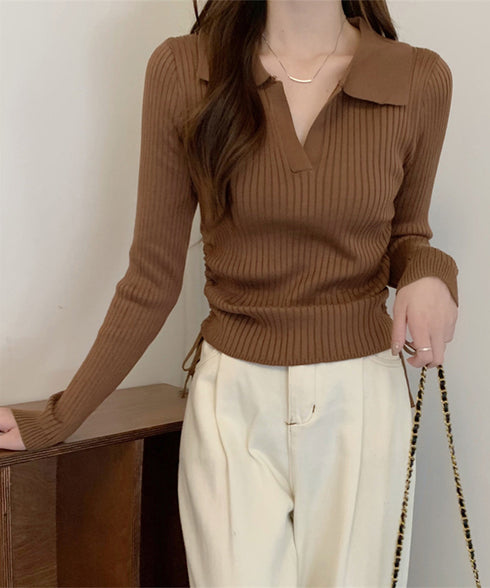 ポロニットドローストリングリブニット薄手 レディース Vネック タイトニットトップス ショート丈 ニットウェア きれいめ ニットインナー カジュアル トップス春秋 24TPS-070