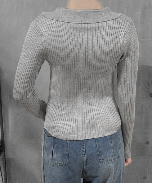 ポロニットドローストリングリブニット薄手 レディース Vネック タイトニットトップス ショート丈 ニットウェア きれいめ ニットインナー カジュアル トップス春秋 24TPS-070