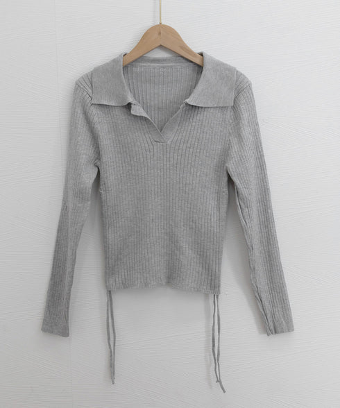 ポロニットドローストリングリブニット薄手 レディース Vネック タイトニットトップス ショート丈 ニットウェア きれいめ ニットインナー カジュアル トップス春秋 24TPS-070