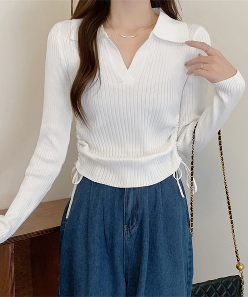 ポロニットドローストリングリブニット薄手 レディース Vネック タイトニットトップス ショート丈 ニットウェア きれいめ ニットインナー カジュアル トップス春秋 24TPS-070