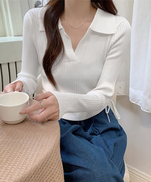 ポロニットドローストリングリブニット薄手 レディース Vネック タイトニットトップス ショート丈 ニットウェア きれいめ ニットインナー カジュアル トップス春秋 24TPS-070