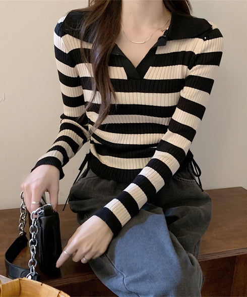 ポロニットドローストリングリブニット薄手 レディース Vネック タイトニットトップス ショート丈 ニットウェア きれいめ ニットインナー カジュアル トップス春秋 24TPS-070