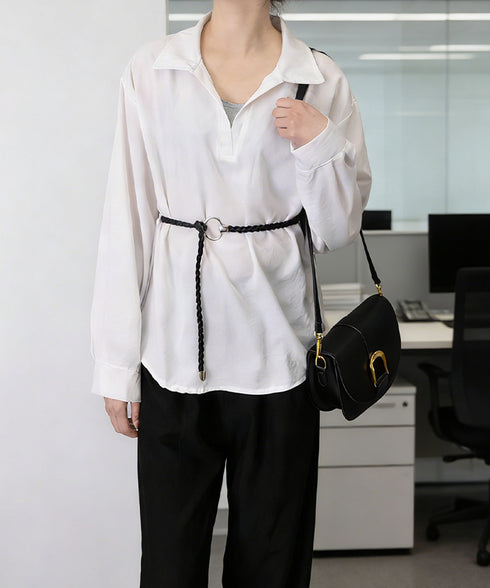 レイヤード風シャツブラウスベルト付き春服 オーバーサイズ 切り替えシャツブラウス レディース Vネックトップス 体型カバー無地トップス 襟付きゆったりブラウス春秋 24TPS-072