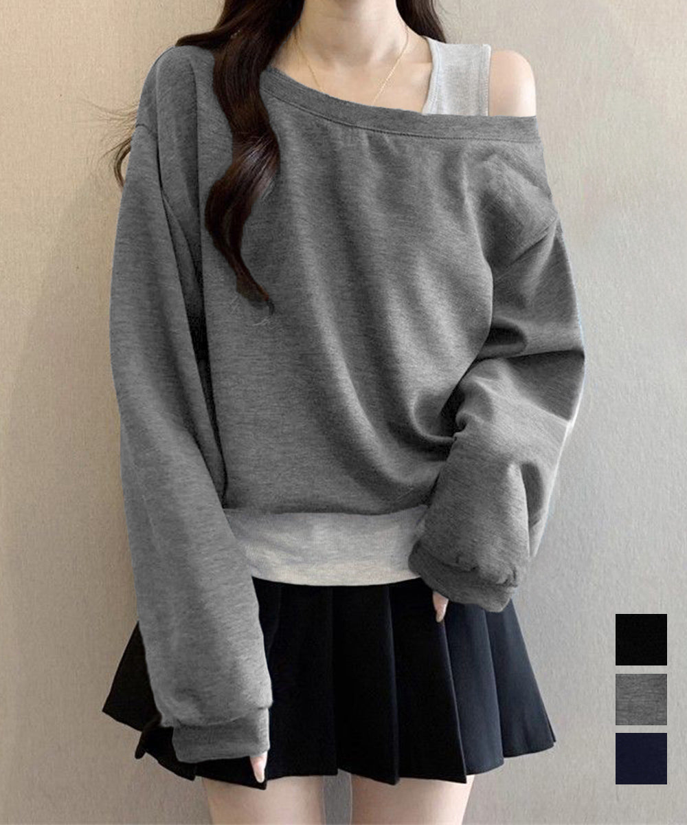 レイヤード風スウェットワンショルダー秋服 詳細画像1