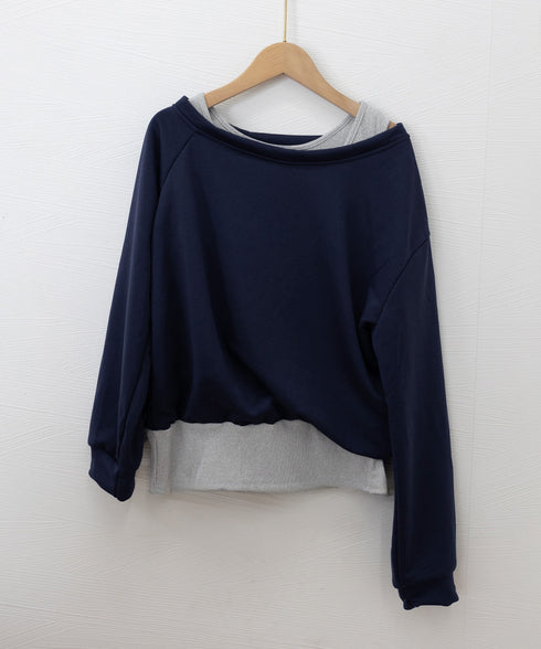レイヤード風スウェットワンショルダー秋服 レディース 肩出し トップス カジュアル プルオーバー ゆったり トレーナー お洒落長袖トップス 韓国風 tシャツ 無地 24TPS-073