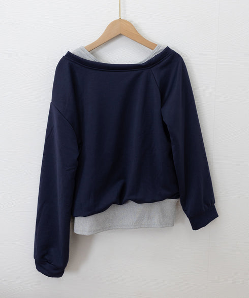 レイヤード風スウェットワンショルダー秋服 レディース 肩出し トップス カジュアル プルオーバー ゆったり トレーナー お洒落長袖トップス 韓国風 tシャツ 無地 24TPS-073