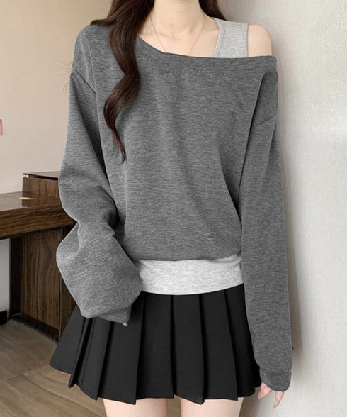 レイヤード風スウェットワンショルダー秋服 レディース 肩出し トップス カジュアル プルオーバー ゆったり トレーナー お洒落長袖トップス 韓国風 tシャツ 無地 24TPS-073