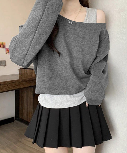レイヤード風スウェットワンショルダー秋服 レディース 肩出し トップス カジュアル プルオーバー ゆったり トレーナー お洒落長袖トップス 韓国風 tシャツ 無地 24TPS-073