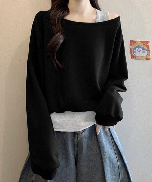 レイヤード風スウェットワンショルダー秋服 レディース 肩出し トップス カジュアル プルオーバー ゆったり トレーナー お洒落長袖トップス 韓国風 tシャツ 無地 24TPS-073