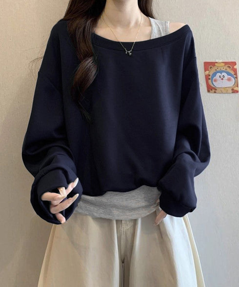 レイヤード風スウェットワンショルダー秋服 レディース 肩出し トップス カジュアル プルオーバー ゆったり トレーナー お洒落長袖トップス 韓国風 tシャツ 無地 24TPS-073