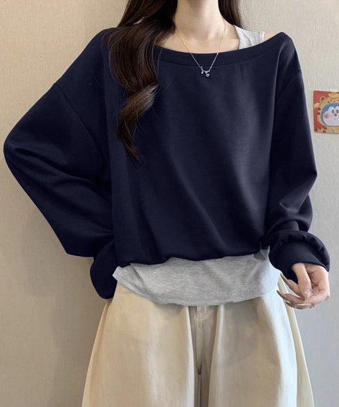 レイヤード風スウェットワンショルダー秋服 レディース 肩出し トップス カジュアル プルオーバー ゆったり トレーナー お洒落長袖トップス 韓国風 tシャツ 無地 24TPS-073
