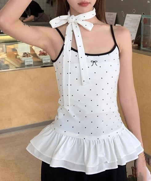 ドット柄キャミソール チョーカー付き夏服 レディース カップ付き スリムフィットキャミ 裾フリル インナートップス 大人可愛い 薄手 インナーウェア フェミニン 24TPS-078