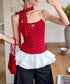 ドット柄キャミソール チョーカー付き夏服 レディース カップ付き スリムフィットキャミ 裾フリル インナートップス 大人可愛い 薄手 インナーウェア フェミニン 24TPS-078