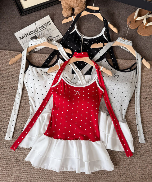 ドット柄キャミソール チョーカー付き夏服 レディース カップ付き スリムフィットキャミ 裾フリル インナートップス 大人可愛い 薄手 インナーウェア フェミニン 24TPS-078