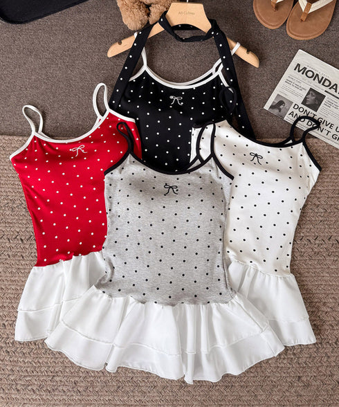 ドット柄キャミソール チョーカー付き夏服 レディース カップ付き スリムフィットキャミ 裾フリル インナートップス 大人可愛い 薄手 インナーウェア フェミニン 24TPS-078