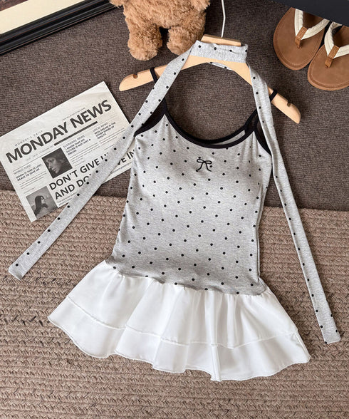 ドット柄キャミソール チョーカー付き夏服 レディース カップ付き スリムフィットキャミ 裾フリル インナートップス 大人可愛い 薄手 インナーウェア フェミニン 24TPS-078