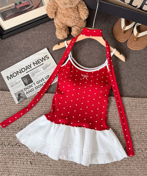 ドット柄キャミソール チョーカー付き夏服 レディース カップ付き スリムフィットキャミ 裾フリル インナートップス 大人可愛い 薄手 インナーウェア フェミニン 24TPS-078