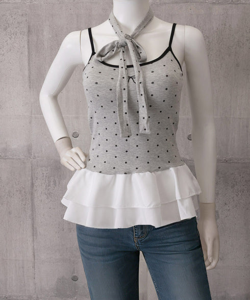 ドット柄キャミソール チョーカー付き夏服 レディース カップ付き スリムフィットキャミ 裾フリル インナートップス 大人可愛い 薄手 インナーウェア フェミニン 24TPS-078