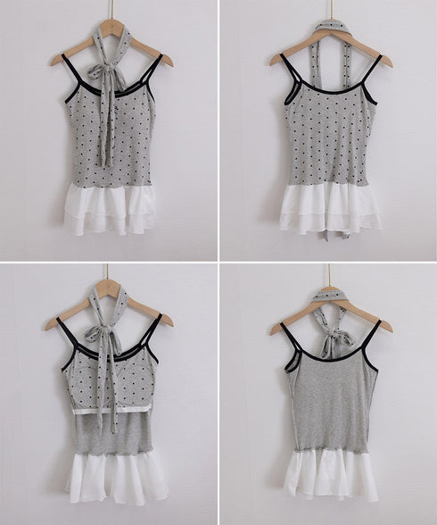ドット柄キャミソール チョーカー付き夏服 レディース カップ付き スリムフィットキャミ 裾フリル インナートップス 大人可愛い 薄手 インナーウェア フェミニン 24TPS-078
