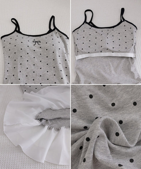 ドット柄キャミソール チョーカー付き夏服 レディース カップ付き スリムフィットキャミ 裾フリル インナートップス 大人可愛い 薄手 インナーウェア フェミニン 24TPS-078