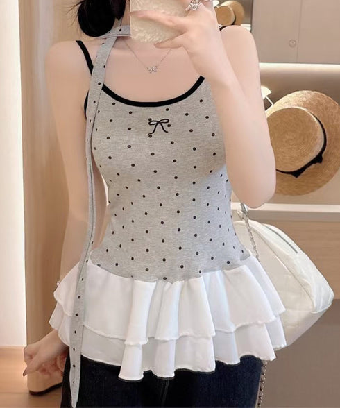ドット柄キャミソール チョーカー付き夏服 レディース カップ付き スリムフィットキャミ 裾フリル インナートップス 大人可愛い 薄手 インナーウェア フェミニン 24TPS-078
