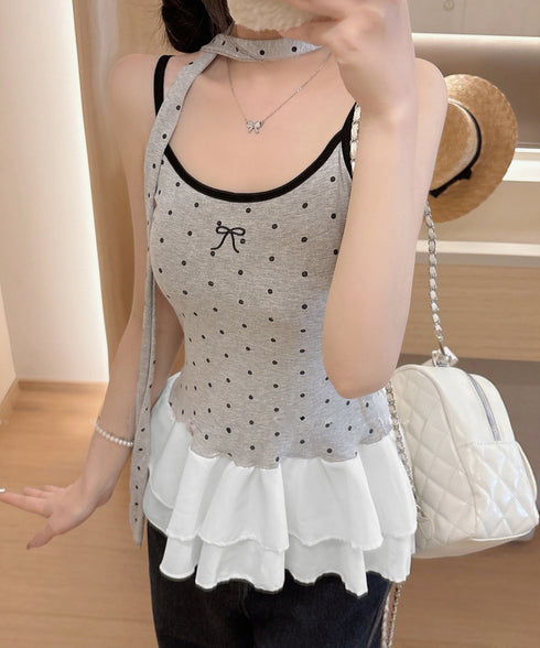 ドット柄キャミソール チョーカー付き夏服 レディース カップ付き スリムフィットキャミ 裾フリル インナートップス 大人可愛い 薄手 インナーウェア フェミニン 24TPS-078