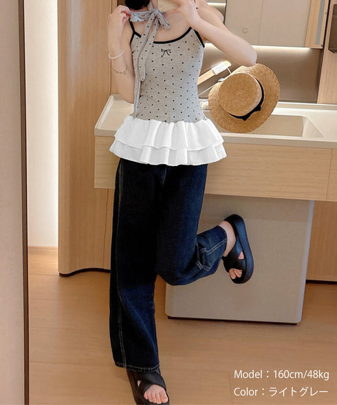 ドット柄キャミソール チョーカー付き夏服 レディース カップ付き スリムフィットキャミ 裾フリル インナートップス 大人可愛い 薄手 インナーウェア フェミニン 24TPS-078