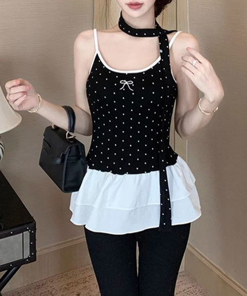 ドット柄キャミソール チョーカー付き夏服 レディース カップ付き スリムフィットキャミ 裾フリル インナートップス 大人可愛い 薄手 インナーウェア フェミニン 24TPS-078