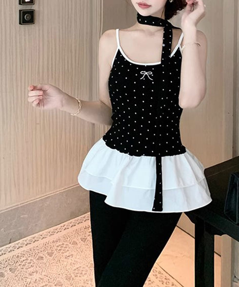 ドット柄キャミソール チョーカー付き夏服 レディース カップ付き スリムフィットキャミ 裾フリル インナートップス 大人可愛い 薄手 インナーウェア フェミニン 24TPS-078