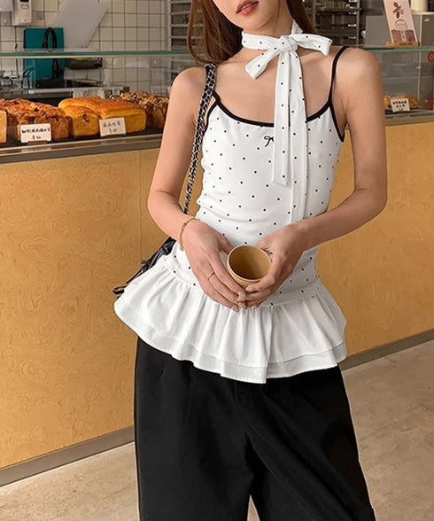 ドット柄キャミソール チョーカー付き夏服 レディース カップ付き スリムフィットキャミ 裾フリル インナートップス 大人可愛い 薄手 インナーウェア フェミニン 24TPS-078