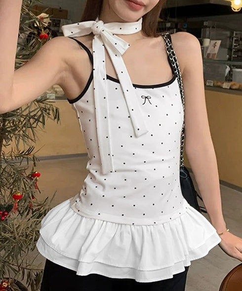ドット柄キャミソール チョーカー付き夏服 レディース カップ付き スリムフィットキャミ 裾フリル インナートップス 大人可愛い 薄手 インナーウェア フェミニン 24TPS-078